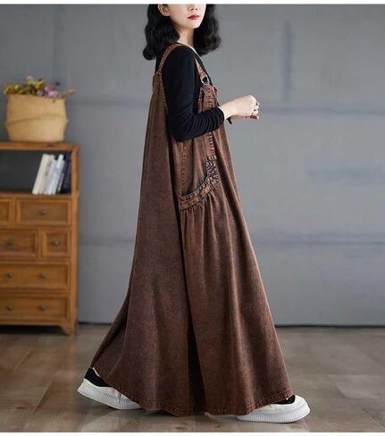 Boho Jumper Dress for Women Loose Overall Pinafore Dresses Adjustable Straps Wide Hemline with Pockets Baggy Style in Kuwait