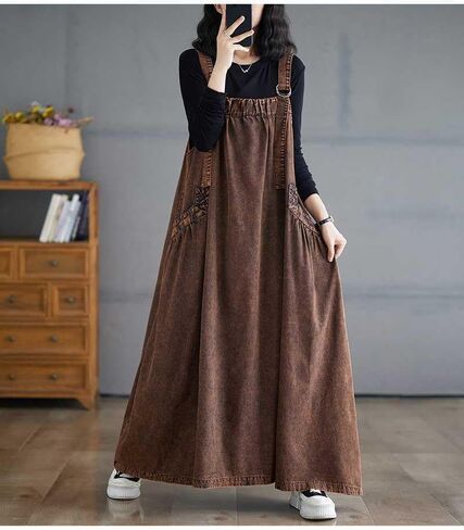 Boho Jumper Dress for Women Loose Overall Pinafore Dresses Adjustable Straps Wide Hemline with Pockets Baggy Style in Kuwait