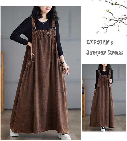 Boho Jumper Dress for Women Loose Overall Pinafore Dresses Adjustable Straps Wide Hemline with Pockets Baggy Style in Kuwait
