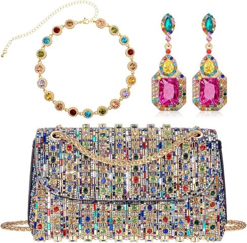 3 Pcs Colorful Rhinestone Clutch and Jewelry Set for Women-Sparkling Evening Purse, Dangling Drop Earring, Necklace in Kuwait