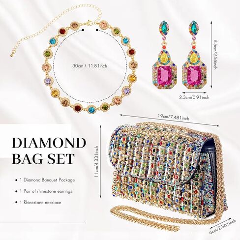 3 Pcs Colorful Rhinestone Clutch and Jewelry Set for Women-Sparkling Evening Purse, Dangling Drop Earring, Necklace in Kuwait