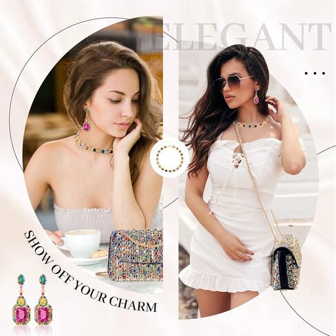 3 Pcs Colorful Rhinestone Clutch and Jewelry Set for Women-Sparkling Evening Purse, Dangling Drop Earring, Necklace in Kuwait