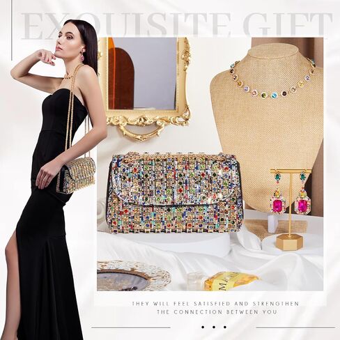 3 Pcs Colorful Rhinestone Clutch and Jewelry Set for Women-Sparkling Evening Purse, Dangling Drop Earring, Necklace in Kuwait