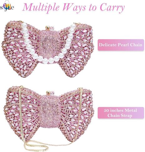 Handmade Inlay Rhinestone Bow Clutch Bag for Women, Sparkling Evening Party Wedding Purse with Detachable Pearl Chain Strap in Kuwait