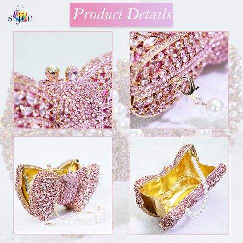Handmade Inlay Rhinestone Bow Clutch Bag for Women, Sparkling Evening Party Wedding Purse with Detachable Pearl Chain Strap in Kuwait