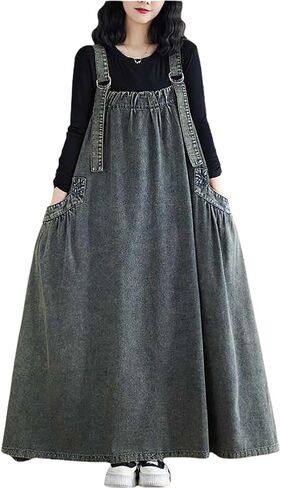 Boho Jumper Dress for Women Loose Overall Pinafore Dresses Adjustable Straps Wide Hemline with Pockets Baggy Style in Kuwait