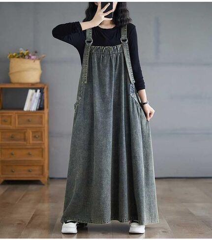 Boho Jumper Dress for Women Loose Overall Pinafore Dresses Adjustable Straps Wide Hemline with Pockets Baggy Style in Kuwait