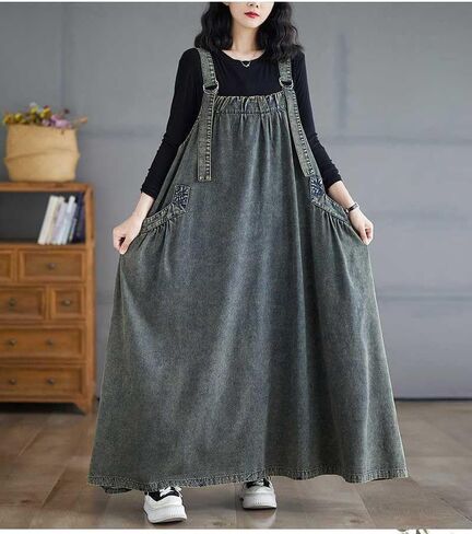 Boho Jumper Dress for Women Loose Overall Pinafore Dresses Adjustable Straps Wide Hemline with Pockets Baggy Style in Kuwait