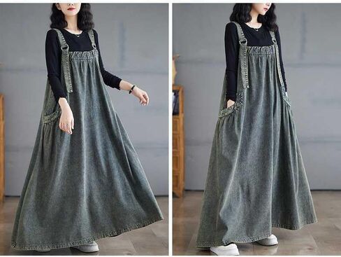 Boho Jumper Dress for Women Loose Overall Pinafore Dresses Adjustable Straps Wide Hemline with Pockets Baggy Style in Kuwait