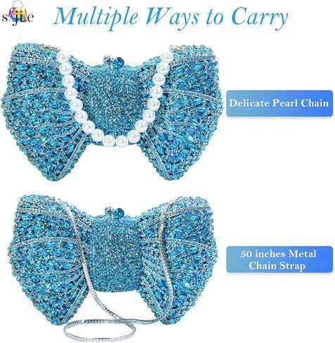 Handmade Inlay Rhinestone Bow Clutch Bag for Women, Sparkling Evening Party Wedding Purse with Detachable Pearl Chain Strap in Kuwait
