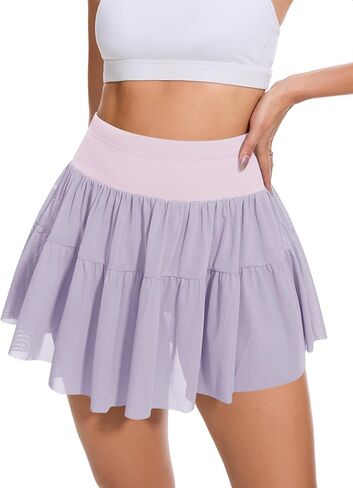 Loovoo Womens Pleated Ruffle Mini Skirt Flowy Lace High Waist Casual Skort Mesh Versatile Athletic Shorts with Pockets in Saudi Arabia