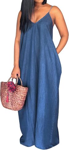 سنايت للسيدات مثير الدنيم فساتين الدنيم غير الرسمي حزام مخطط مخطط طويل sundress wiht جيوب in Kuwait