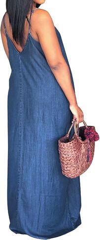 سنايت للسيدات مثير الدنيم فساتين الدنيم غير الرسمي حزام مخطط مخطط طويل sundress wiht جيوب in Kuwait