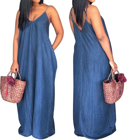 سنايت للسيدات مثير الدنيم فساتين الدنيم غير الرسمي حزام مخطط مخطط طويل sundress wiht جيوب in Kuwait