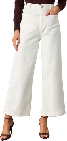 Allimy Women's High Waisted Cropped Wide Leg Jeans Stretchy Loose Denim Pants with Front Patch Pockets in Kuwait
