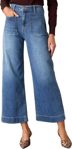 Allimy Women's High Waisted Cropped Wide Leg Jeans Stretchy Loose Denim Pants with Front Patch Pockets in Kuwait