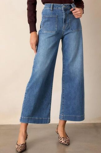 Allimy Women's High Waisted Cropped Wide Leg Jeans Stretchy Loose Denim Pants with Front Patch Pockets in Kuwait
