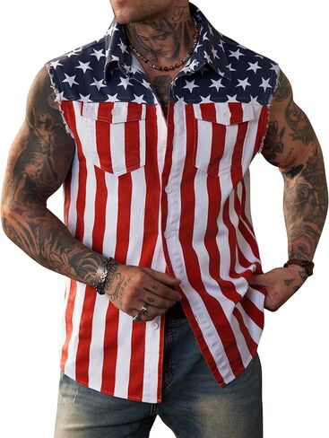 Mainfini Men Men American Flag Denim Vest 4th of July Scedts مع جيوب (S-XXL) in Kuwait