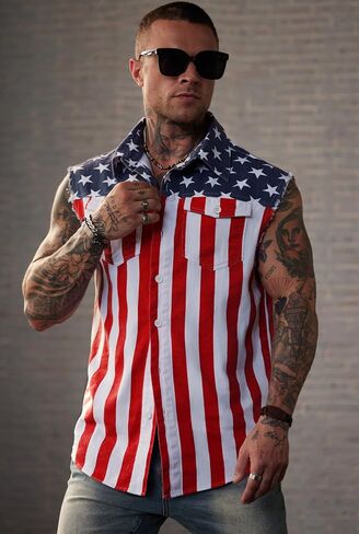 Mainfini Men Men American Flag Denim Vest 4th of July Scedts مع جيوب (S-XXL) in Kuwait