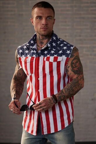 Mainfini Men Men American Flag Denim Vest 4th of July Scedts مع جيوب (S-XXL) in Kuwait