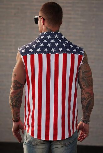 Mainfini Men Men American Flag Denim Vest 4th of July Scedts مع جيوب (S-XXL) in Kuwait