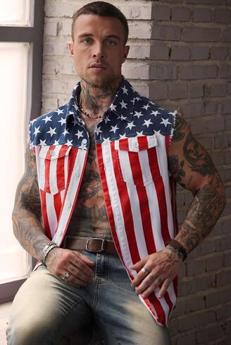 Mainfini Men Men American Flag Denim Vest 4th of July Scedts مع جيوب (S-XXL) in Kuwait