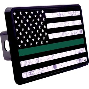 Tattered Thin Green Line Flag Trailer Hitch Cover Plug US Federal Law Enforcement Officers and Military Veterans Border Patrol Game Warden and Park Ranger