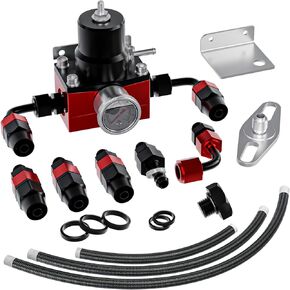 EFI Fuel Pressure Regulator Kit with Bypass Return 0-100psi Pressure Gauge AN6-6AN Fuel Line Hose Fitting Connectors Kit Adjustable Universal Aluminum Black & Red