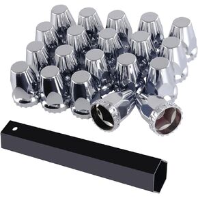 Lug Nut Covers, 33mm Chrome Screw-on Lug Nut Covers for Semi Trucks - Thread On with Flange - Volvo & Peterbilt & Kenworth & Mack & Freightliner (Cascadia, Columbia, M2, FLD), 20Pcs+Socket