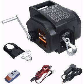 Portable Trailer Winch, Reversible Electric Winch 12V DC, Power-in, Power-out and Freewheel Operations for Boats 2000 lbs with Wireless Remote Control and Hand Crank