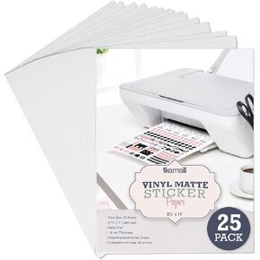 Samsill 25 Pack Matte White Sticker Paper 8.5x11 inch Inkjet Laser Printable Vinyl Full Size Sticker Paper, Adhesive Label Sheets, Bulk Sticker Paper