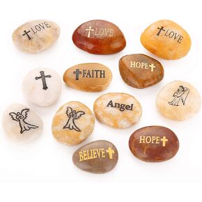 12PCS RockIpact Engraved Guardian Angel Stones Hope Love Faith Believe Inspiration Worry Healing Stones Novelty Serenity Prayer Rock, Pocket Sized Shiny Pebbles (Set of 12, Bulk Lot)