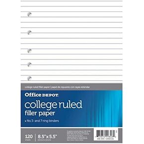 Office Depot Brand Filler Paper, College-Ruled, Mini Binder Paper, 7-Hole Punched, 8-1/2" x 5-1/2", 120 Sheets