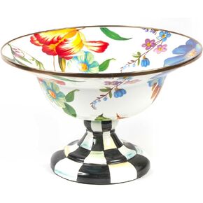 MACKENZIE-CHILDS Enamel Compote, Cute Enamel Pedestal Serving Dish or Decorative Bowl, Small, Black-and-White Courtly Check