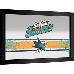 Trademark Global Wall Mirror - Ready-to-Hang San Jose Sharks Logo Black Framed Rectangle Mirror - for Pub, Game Room, Garage or Home Bar