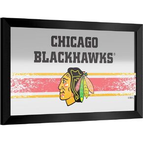 Trademark Global Wall Mirror - Ready-to-Hang Chicago Blackhawks Logo Black Framed Rectangle Mirror - for Pub, Game Room, Garage or Home Bar