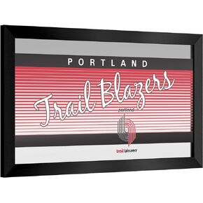 Trademark Global Wall Mirror - Ready-to-Hang Portland Trail Blazers Hardwood Classics Black Framed Rectangle Mirror - for Pub, Game Room, Garage or Home Bar