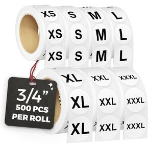 3500 Pcs 3/4" Clothing Size Round Stickers, White Stickers with Black Text 500 Per Roll, 7 Clothing Sizes, 1 Roll of Each Size Per Pack Self-Adhesive by Toucan Craft Supplies