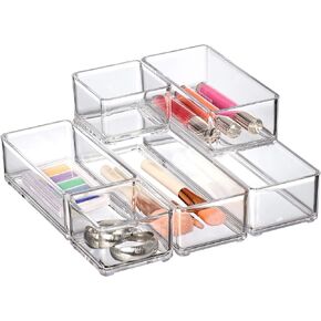 Amazing Abby - QuickSort - Plastic Stackable Organizers (10-Piece Set) for Vanity and Desk Drawer, Perfect Storage Solution for Beauty Products, Office Supplies, Decorative Items, and More