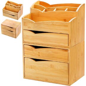 Yopay 2 Pack Bamboo Desk Organizer, Stackable Desktop Organizer with 3 Drawers, 100% Bamboo Office Tabletop, Countertop Organization for Stationery, Makeup Vanity, Fully Assembled