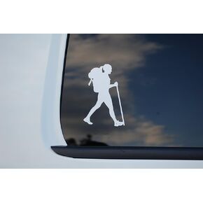 Hiking Girl Sticker Vinyl Decal Choose Color & Size!! Woman Hiker Camping Hike Car Window Laptop (V530) (4" X 2.5", White)