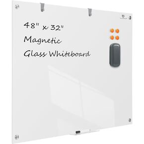 TSJ OFFICE Glass Dry-Erase Board - 48 x 32 Inches Wall Mounted Glass Magnetic Whiteboard, Large Frameless Glass White Board for Office, Home & School