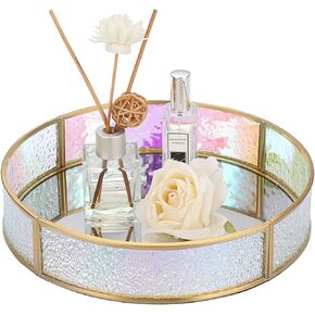 ELLDOO Gold Round Black Glass Tray, Mirror Jewelry Tray Perfume Tray Mirror Vanity Tray Dresser Tray Ornate Tray Metal Decorative Tray Perfume Organizer Makeup Tray for Vanity Dresser