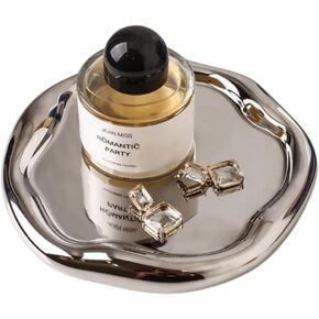 Silver Tray Decorative Vanity Tray Bathroom Tray Jewelry Dish Ceramic Silver Round Plate Holder Makeup Tray Home Organizers Irregular Storage Plate Bathroom Organizer(Long)