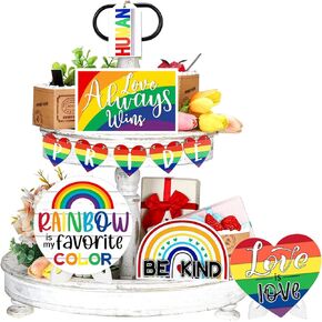 15 Pcs Rainbow Tiered Tray Decor Pride Day Tray Decor Colorful Rainbow Wooden Tabletop Signs Love is Love Wooden Blocks Love Wins Signs with Holder for Pride Month Home Kitchen Shelf Decor (Spring)