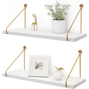Afuly Floating Shelves for Wall, Metallic Gold White Wall Mounted Shelves, Wall Hanging Storage for Bathroom Kitchen Bedroom, Wood Metal Chic Wall Bookshelf, Set of 2