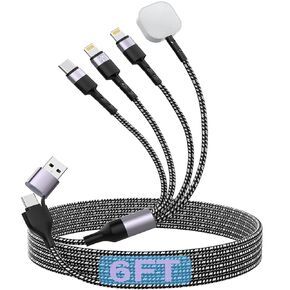 4-in-2 Watch & Phone Charger Cable, Multi Universal iwatch Charging Cable Compatible with iPhone, iWatch,Galaxy, Pixel/6FT Magnetic Dual Lighthing, Multiple USB A/C Nylon Braided Cord Cargador