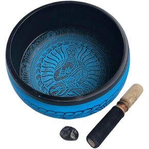 وعاء الغناء مستدير مقاس 8 بوصات بظلال من اللون الأزرق مع مطرقة خشبية وحجر كوارتز دخاني in Kuwait