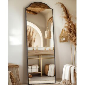 مرآة أرضية، 71 بوصة × 32 بوصة مرآة مقوسة بطول كامل مرآة مقوسة مع حامل، مرآة حائط مقوسة كبيرة بإطار من الألومنيوم، ديكور منزلي بسيط حديث لغرفة المعيشة وغرفة النوم، أسود in Kuwait