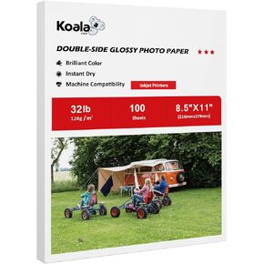 ورق صور لامع رفيع مزدوج الجانب من Koala مقاس 8.5 × 11 بوصة 120 جرامًا للمتر المربع 100 ورقة متوافق مع الطابعة النافثة للحبر وحبر الصبغ 32 رطل